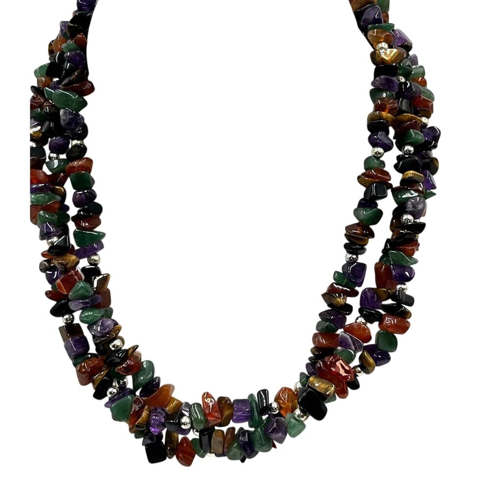 Sterling Silver 925 Multi-Strand Semiprecious Chip Bead Necklace 18” Gemstone‎